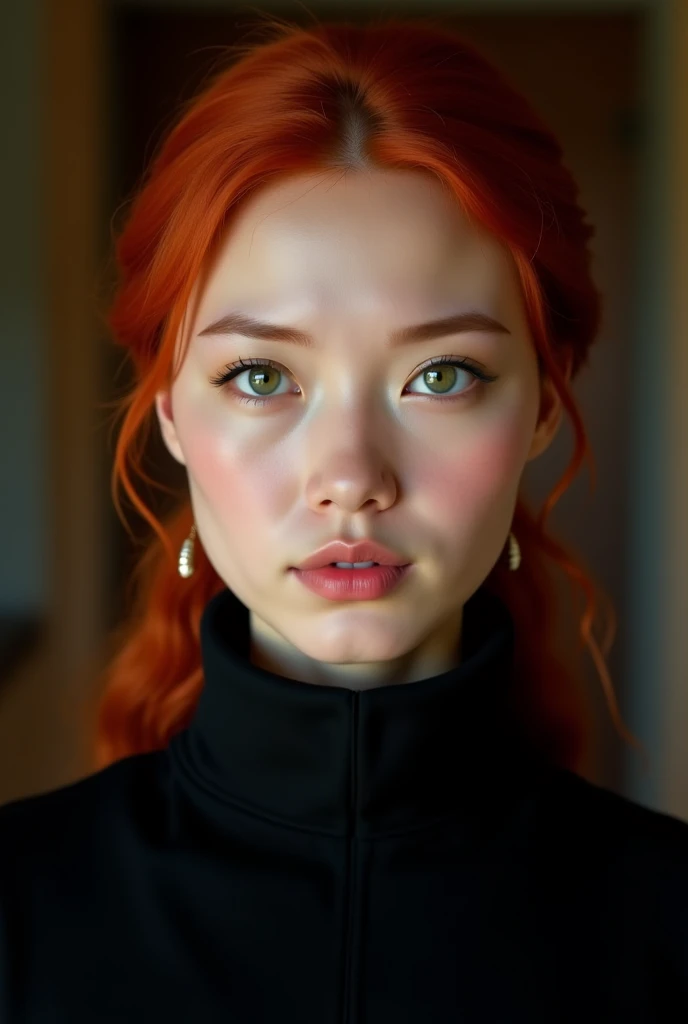 A Mongolian woman teacher dressed in black with red hair green eyes