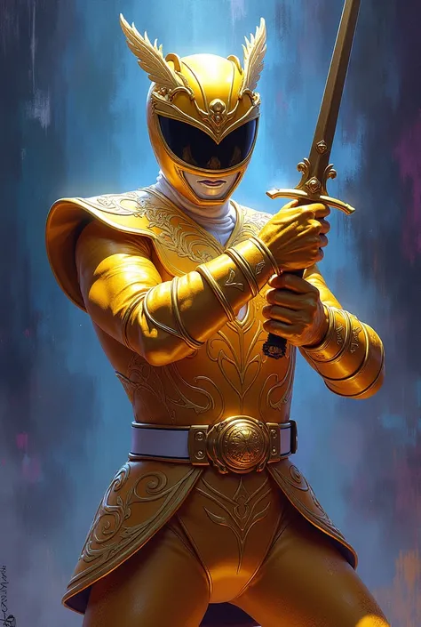  Create an oil painting style illustration using the golden ranger stain technique of  " Power Rangers Samurai " with a mystical shade .  The image should be vibrant ,  with gold predominating in the armor and decorative details .  Only half a body is show...