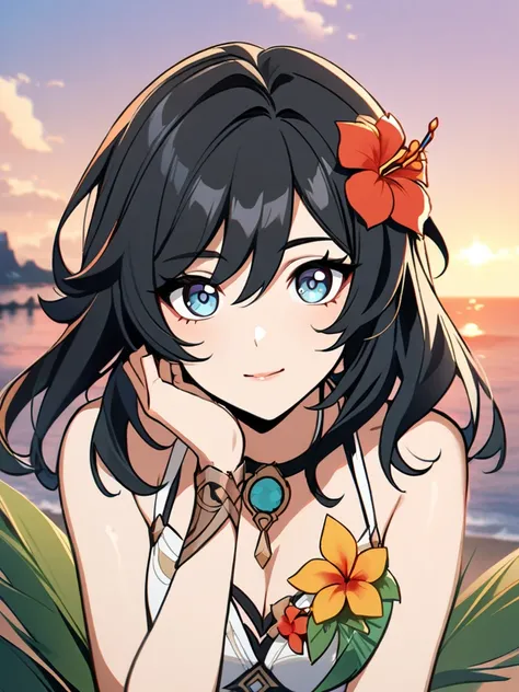 Genshin impact style, 1 girl, black hair, tropical