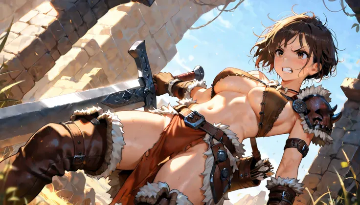 fantasy, solo, masterpiece, best quality, amazing quality, absurdres, short hair, messy hair, dark brown hair, quiver, greatsword, bone necklace, pelvic curtain, brown eyes, barbarian armor, navel, mid riff, , underboob, sideboob, thigh boots, angry, teeth...