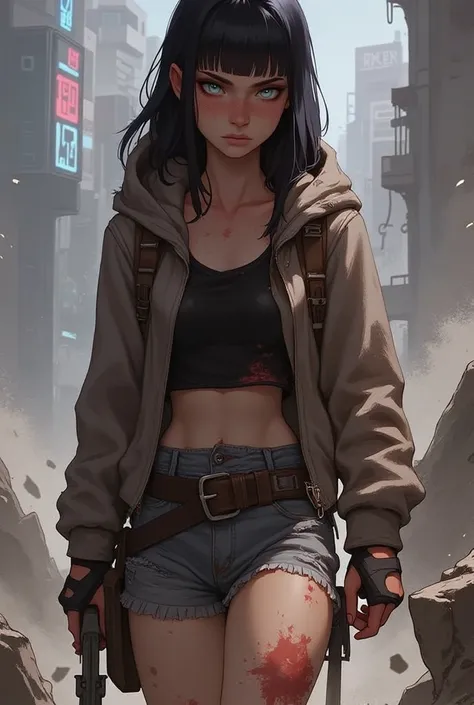 Young survivor in the destroyed night city. Wear torn clothes ,  dirty and improvised .  Dust-covered body ,  bruises and dried blood .  long black hair,  light blue eyes.  Armed with improvised weapons .  Cold and serious expression . (Body soiled with bl...