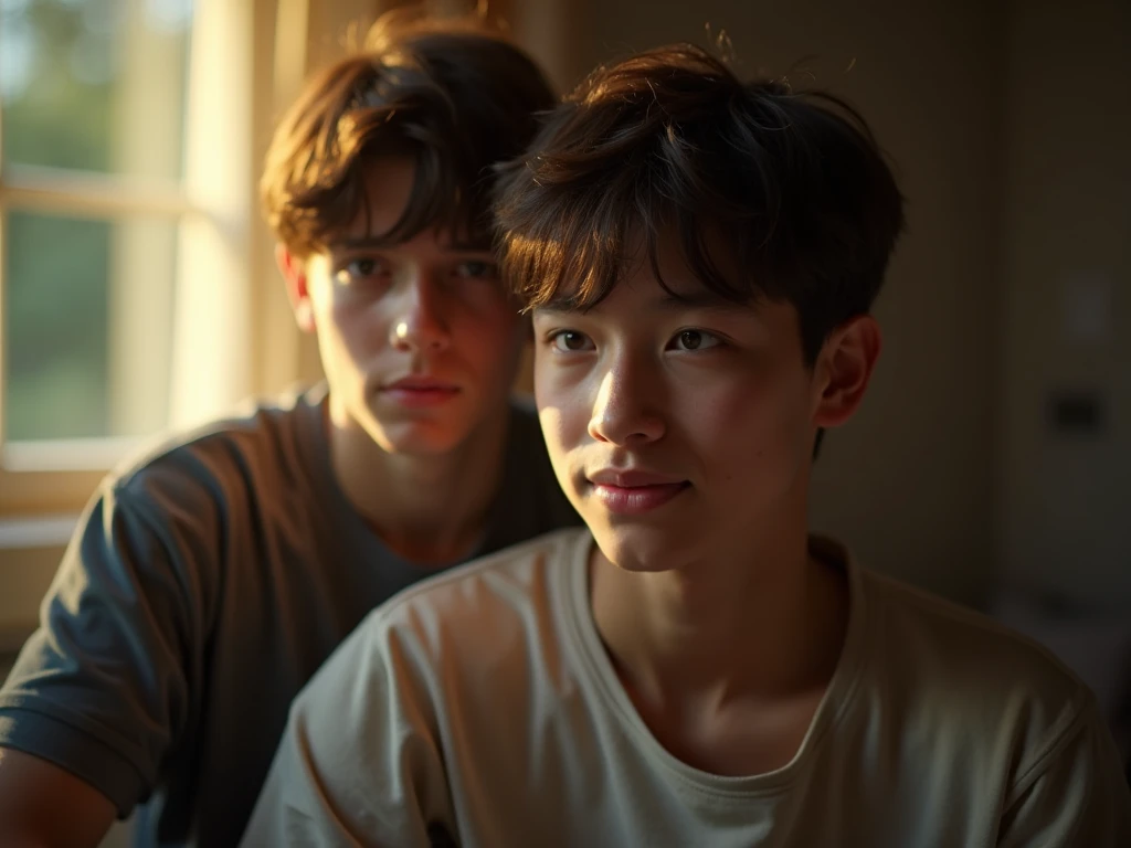 Two 15-year-old ren, that look like real people inside a room of one of them. We see a flat chest of one of the ren with a normal lens, no contrast in the illuminations on his face, some depth of field ,  a light that comes in from a warm and tidy window 