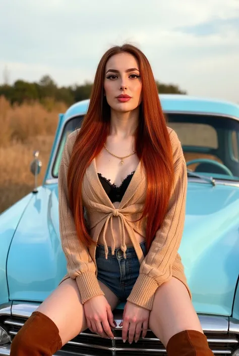 Young woman, long thick fiery red hair, 25 years old, European appearance. Posing confidently and sitting on the hood of a vintage light blue car. The woman's facial expression is captivating, seductive, with a subtle smile and a slightly thoughtful look, ...