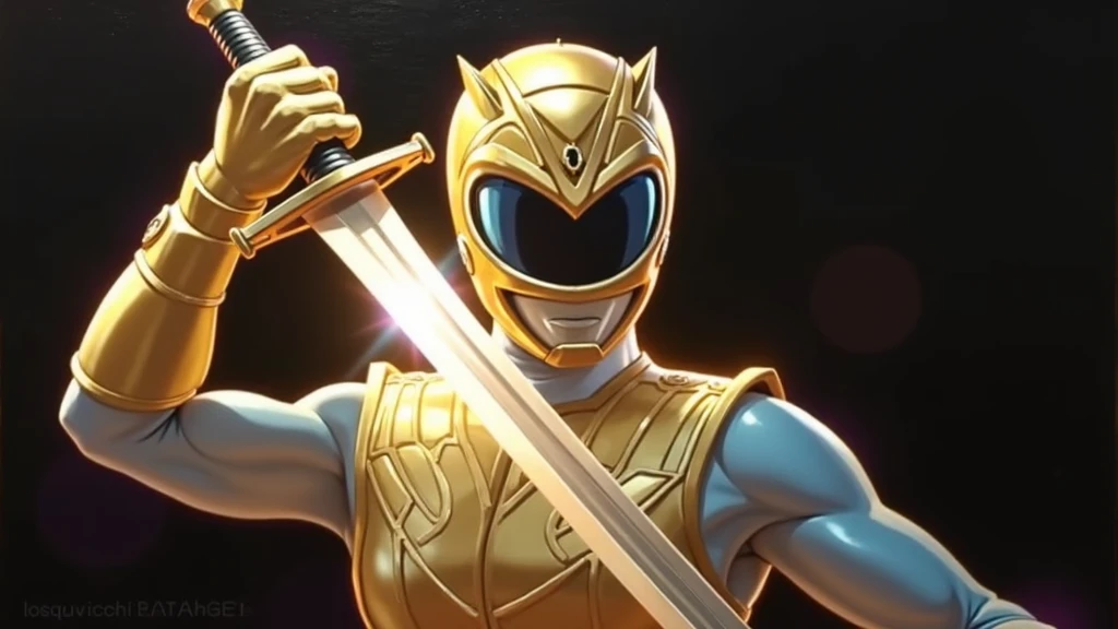  Create an oil painting style illustration using the golden ranger stain technique of  " Power Rangers Samurai " with a mystical shade .  The image should be vibrant ,  with gold predominating in the armor and decorative details .  Only half a body is show...