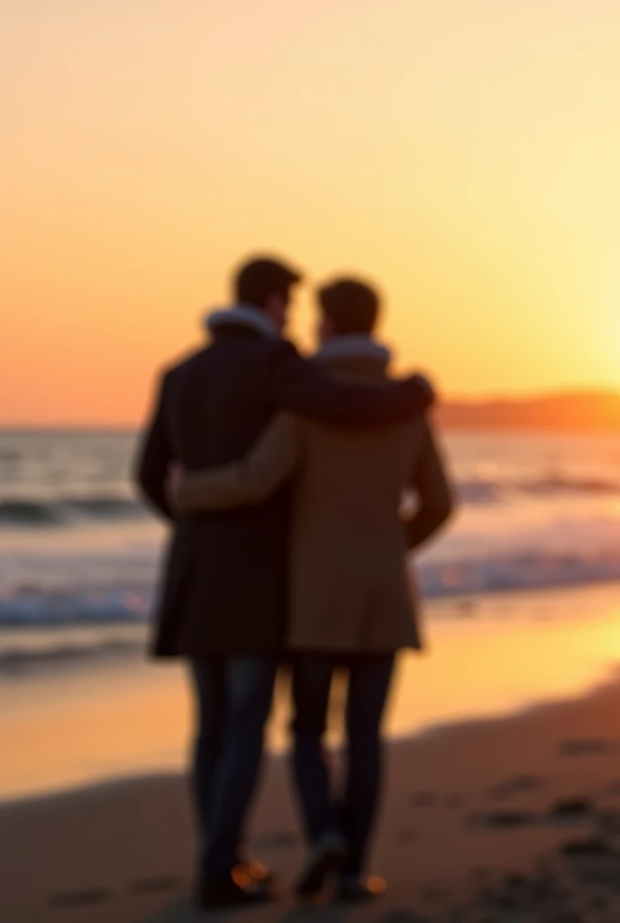  Couple of men hugging each other with their backs walking at sunset on the beach. The couple is in Portugal and wearing cold clothes .