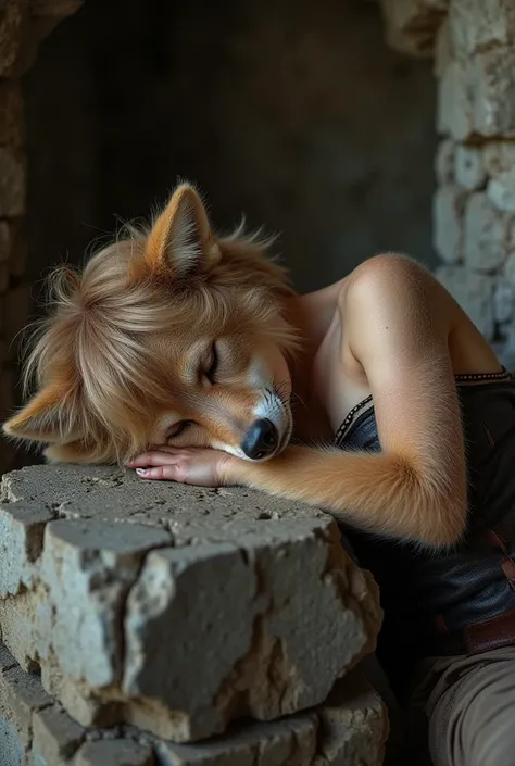 25 years old wolf-girl, furry, wolf face, perfect eyes, cute, light brown hair, short hair, messy pixie haircut, small breasts, perfect body, (wearing leather pants and leather corset), ((sleeping), curled up on her side on ancient stone altar), high detai...