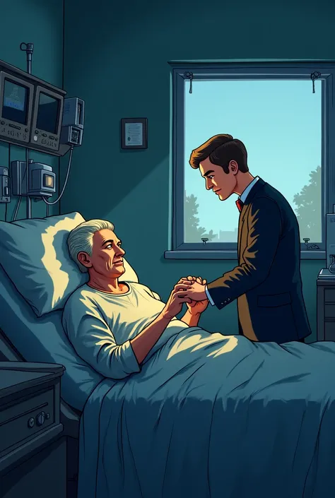 Here’s a detailed text prompt for Leonardo AI to generate a deeply emotional and heartbreaking cartoon-style scene:

"A dimly lit hospital room where a frail, elderly father lies weakly in a hospital bed. His face is pale, his breathing shallow, and his wo...