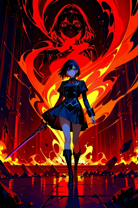  Beautiful girl,anime,short hair in black tips, Violet eyes,expression would be,elegant uniform with semi-armoured skirt,red and black color, boots, holding a demonic sword, With violet fire effect,In a setting of destroyed castles,