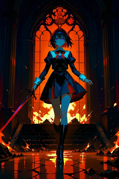  Beautiful girl,anime,short hair in black tips, Violet eyes,expression would be,elegant uniform with semi-armoured skirt,red and black color, boots, holding a demonic sword, With violet fire effect,In a setting of destroyed castles,