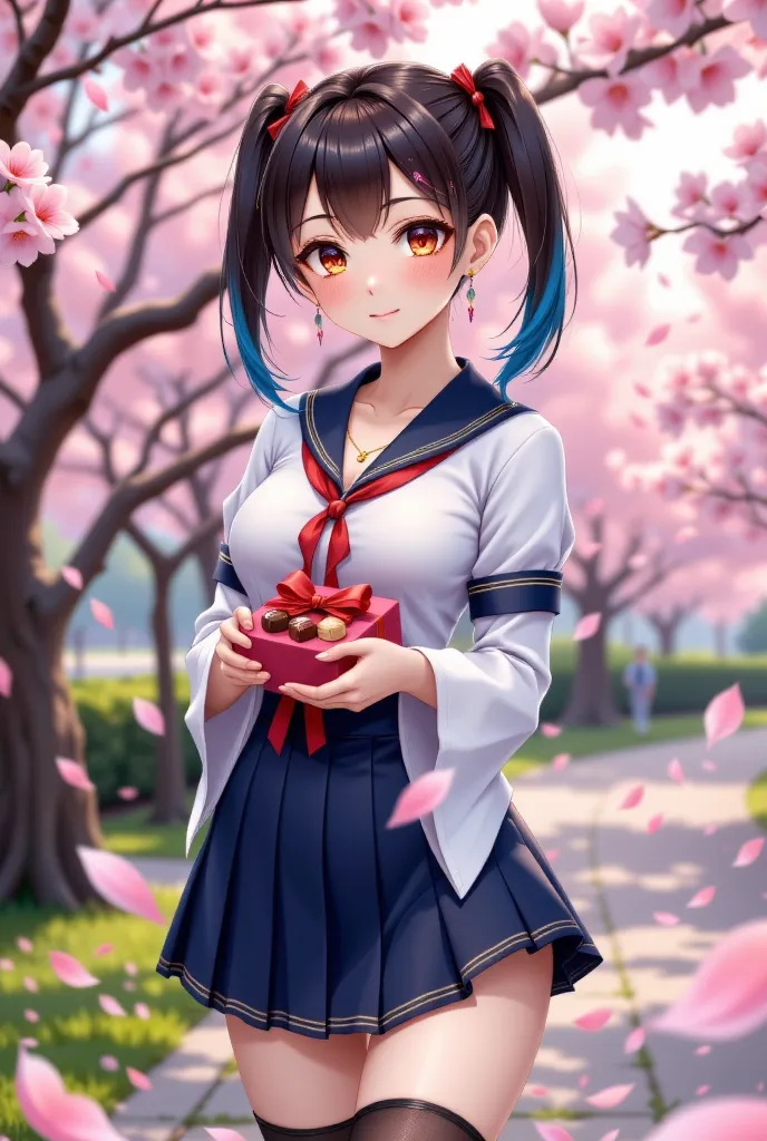 A graceful character stands in a traditional Japanese school uniform, featuring a crisp white blouse with a red ribbon tied neatly at the collar and a pleated navy blue skirt. She holds a beautifully wrapped box of heart-shaped chocolates, adorned with a r...