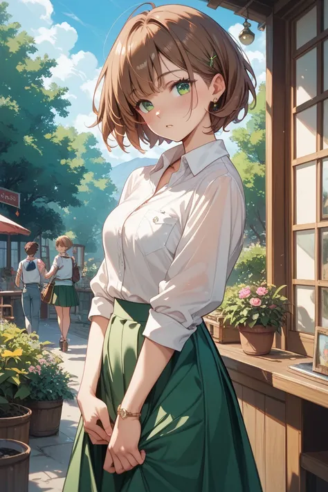  brown hair、 short hair、 emerald green eyes、green skirt、 crouch、Showing off your pants、blush