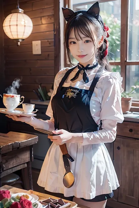 ((masterpiece)), (best quality), ultra detailed, 8k resolution,
anime style, vibrant colors,
Japanese beautiful maid, (18 years old), (sparkling blue eyes), 
(silver twintail hair with pink streaks), (blush cheeks), 
(black frilly maid uniform), (white lac...