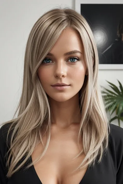 Femme scandinave de 28 ans, grande et élancée, peau très claire, cheveux blond platine, yeux gris perçants, en manteau de fourrure dans un décor enneigé,Ultra réaliste, la photographie, avec des courbes amples, longs cheveux ondulés noir,, yeux vert sensue...