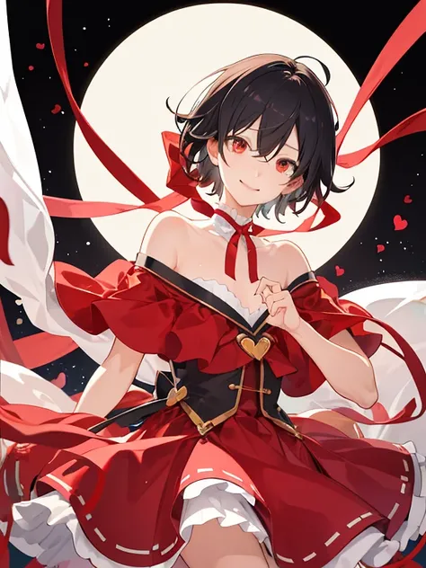 (1.2,  high quality), (Pixiv:1.4), (maleの子1人),, male ,,maleの, 16歳male性,B、Bレンタイン、 short haired boy with black hair、smile、、 dynamic angle、 manipulating a flowing red dress powerfully 、 hearts showing skin、 ashamed face、 upper body、 wrapped with ribbon 、Eat c...