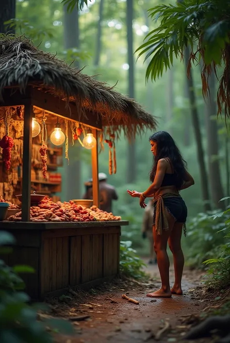 A food stall in the middle of the forest selling alligator, snake and monkey meat to the natives in this image must have a woman with a  buying meat the name of the store is Ifood and must have a  with the woman the woman must be a bit chubby with straight...