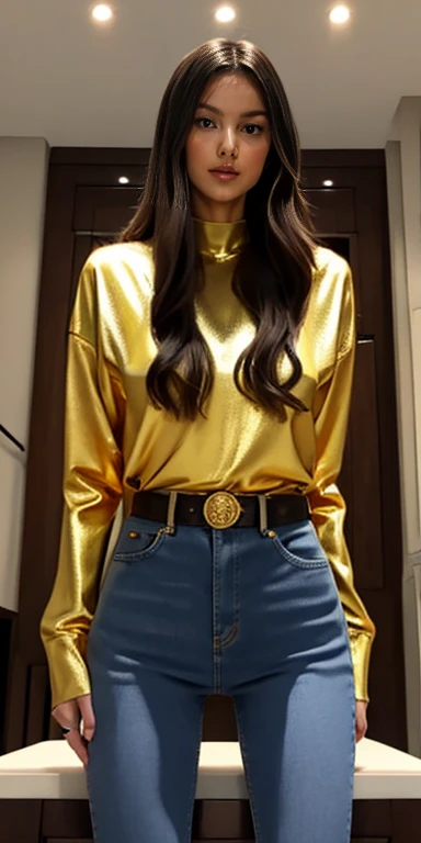 Full Body Photo、Standing in her full height、 Accurate、 8K HD High Quality Image、 A Beautiful Filipino woman、 Super Tall in Height、 Wearing a golden bra、Very tight stretchy golden Skinny Jeans 、 Sneakers are made of gold、 Abs are cracked、 Navel is visible、 ...