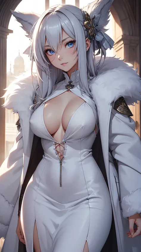 ,Woman in her 20s, beautiful face,  detailed face, beautiful eyes, detailed nose and lips,  Anime Girl,   long silver hair,  Light Blue Eyes,  white skin due to magic, smiles, Slender Woman, big breasts, thin waist, thin legs, full body,((Long fur coat)) ,...