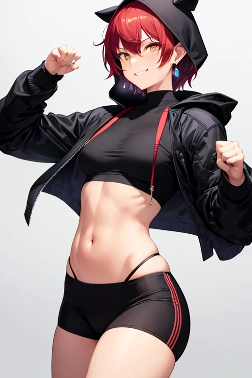 (( top quality)), (( Masterpiece)), (  Details),  1 girl,  very short hair,  disheveled hair, Bedhead,  red hair , Narrow eyes,  sling,  mean smile, Earrings,  Well-groomed Face,  boyish, Big black jacket ,  red underwear, Short black pants ,  white sneake...