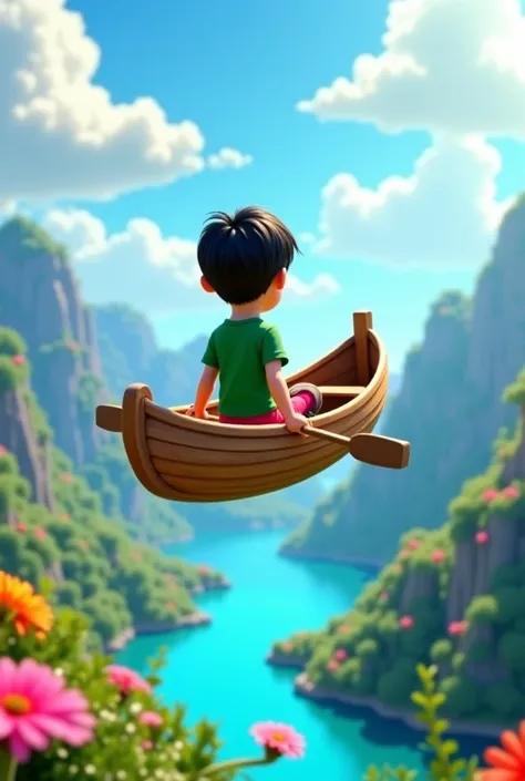 3.  landing on a magical island

Image prop :

"A  boy  ( green t-shirt, pink pants, black shoes )  sitting in a magical wooden boat, flying among the clouds. Below is a beautiful island, where there is a green forest, large colorful flowers, and a lake sh...