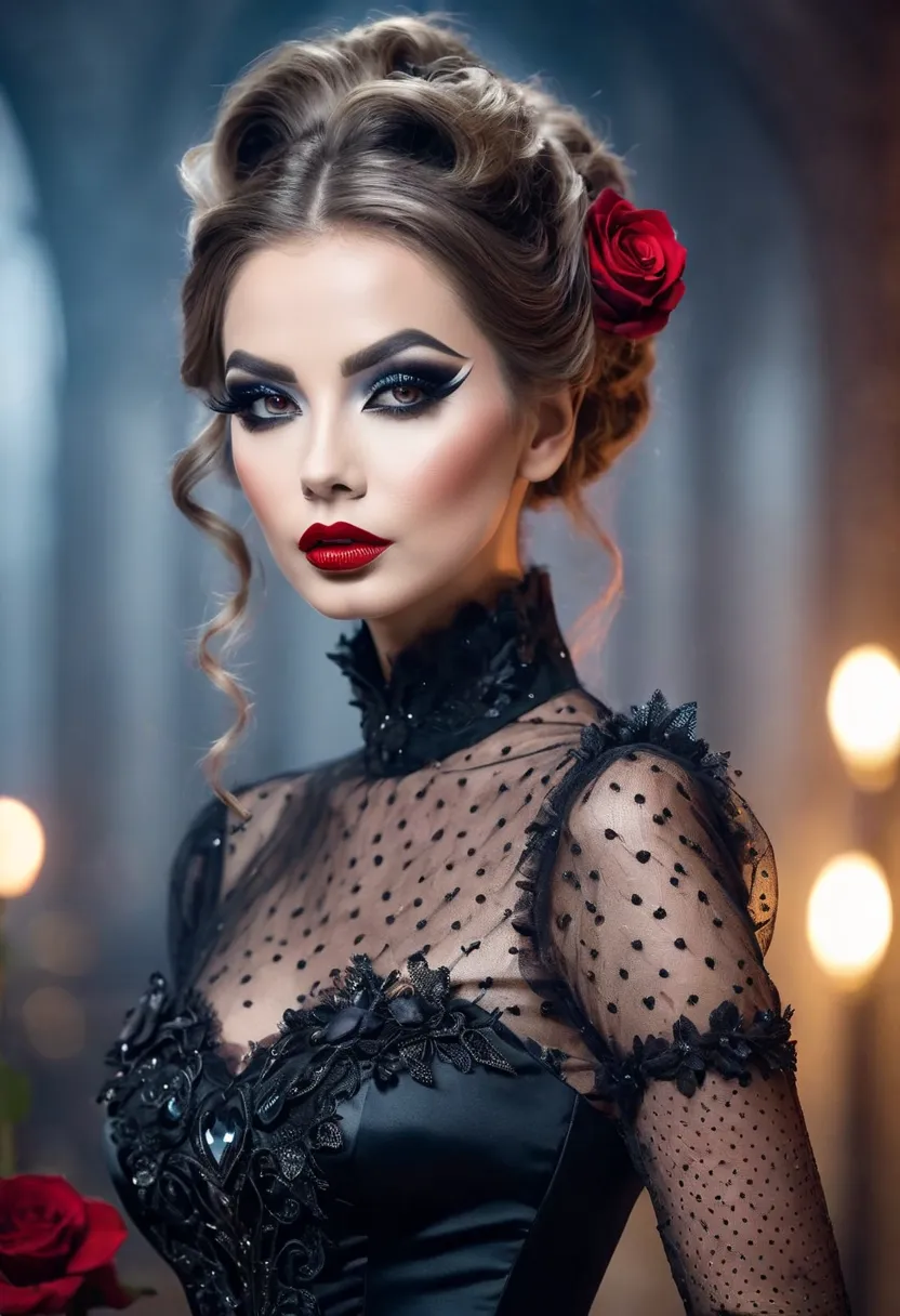 An exciting beautiful European woman dressed in an impressive evening dress. Her dramatic makeup, smoky eyes, red lips add the air of mystery and attractiveness, the perfect face. Add hearts and small roses with thorns. Background Grand .