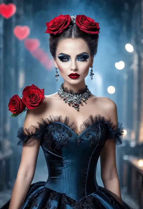 An exciting beautiful European woman dressed in an impressive evening dress. Her dramatic makeup, smoky eyes, red lips add the air of mystery and attractiveness, the perfect face. Add hearts and small roses with thorns. Background Grand .