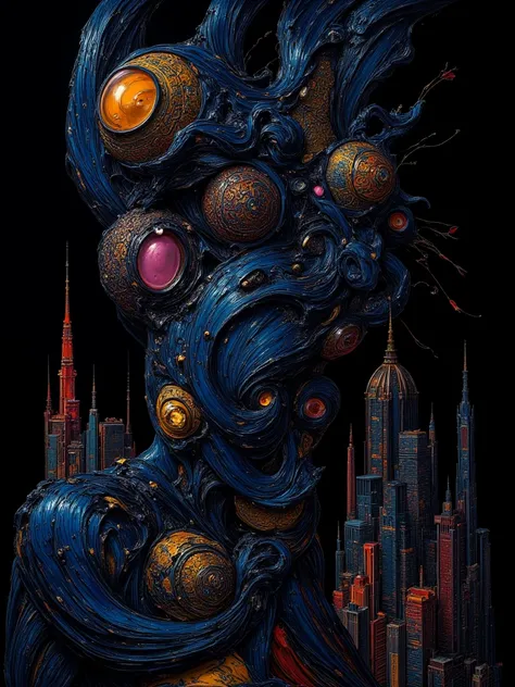 Highly detailed Comic books style, dark surrealism, weird, figures, shaped, on black background going to dark blue marine shades gradient, dark art, bizarre surrealism, biomechanic, multiple eyes and faces, city inside, masks, luminous abstract interventio...