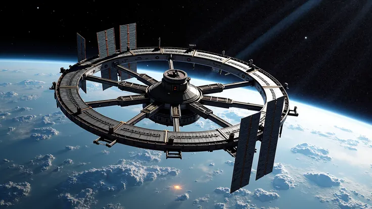 A wheel-shaped space station in geostationary orbit over a planet.  Exterior view.