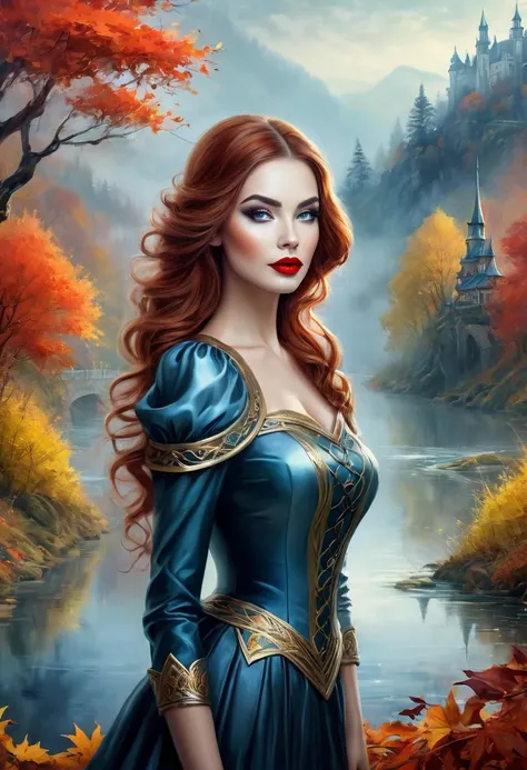 Beautiful European woman with the perfect face, makeup, red lipstick, in the autumn landscape with trees and river, forest, beautiful fantastic painting, very beautiful fantasy art, lady, digital fantasy art, very beautiful digital art, beautiful fantastic...