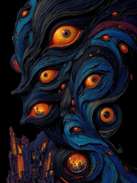 Highly detailed Comic books style, dark surrealism, Joe Jusko art, weird, figures, shaped, on black background going to dark blue marine shades gradient, dark art, bizarre surrealism, biomechanic, multiple eyes and faces, city inside, masks, luminous abstr...