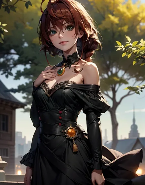 1girl, solo , braid, green_eyes, cleavage, solo, dress, orange_hair, medium_breasts, looking_at_viewer, black_dress, side_braids, smile, collarbone, bare_shoulders, long_hair, outdoors, bangs, blush, long_sleeves, off_shoulder, closed_mouth, car, building,...