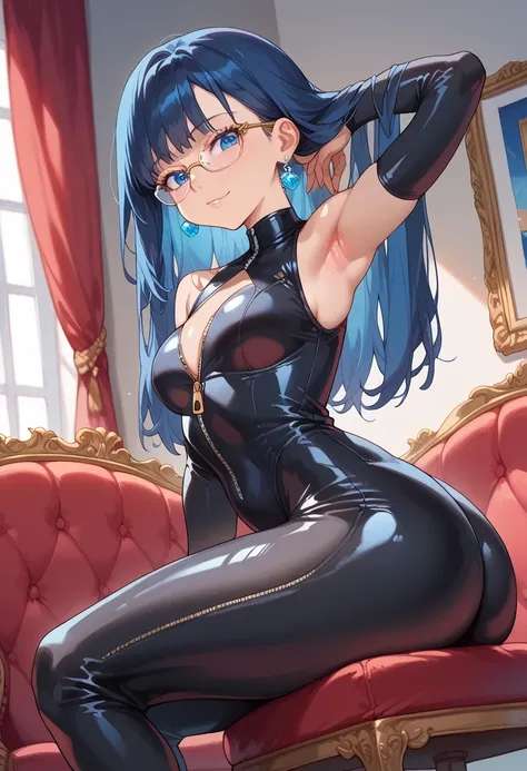 masterpiece, high definition , top quality,8k
(Dawn,blue Hair, blue Eye shadow,blue eyes, big ass, glasses, big ass, big boobs)
(Black latex suit)                                     showing armpit, sitting, crosing legs, horny face, unzipping suit, middle...