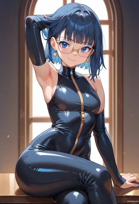 masterpiece, high definition , top quality,8k
(Dawn,blue Hair, blue Eye shadow,blue eyes, big ass, glasses, big ass, big boobs)
(Black latex suit)                                     showing armpit, sitting, crosing legs, horny face, unzipping suit, middle...