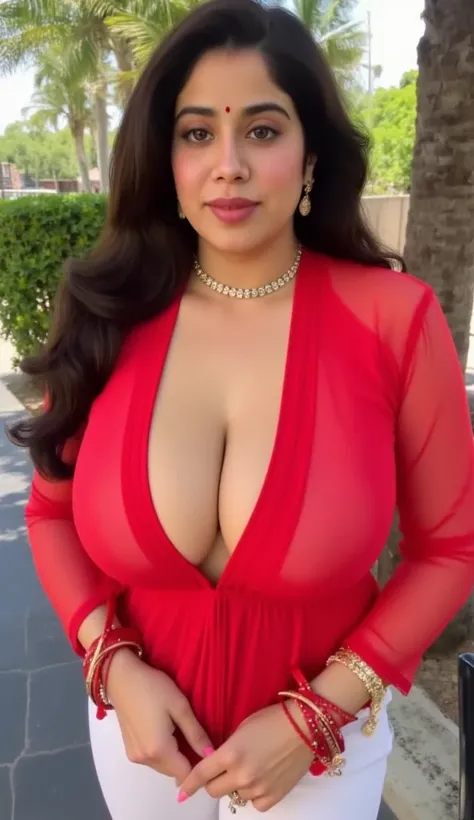 Beautiful 50 years old indian married desi MILF, desi bhabhi, auntie, big breast natural, wearing tight deep neck U neck red transparent blouse,  jewelries, red bangles in both hands, heavy necklace, earrings, bindin between eyebrows, sindoor in middle of ...