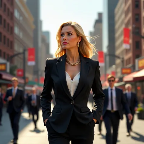 Sexy mature woman 50 years old blonde, Wearing an elegant suit walking through the streets of New York, average distance.