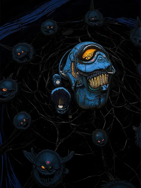 Highly detailed Comic books style, dark surrealism, Joe Jusko art, weird, figures, shaped, on black background going to dark blue marine shades gradient, dark art, bizarre surrealism, biomechanic, multiple eyes and faces, city inside, masks, luminous abstr...