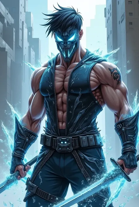   Make realistic comic images of a 20-year-old boy, with a very stylish ice mask .  A super designed vest melted in ice and lightning . With the muscular physique ,  and a sword in each hand . 
  The pants to match the vest design . 
All clothing that is m...