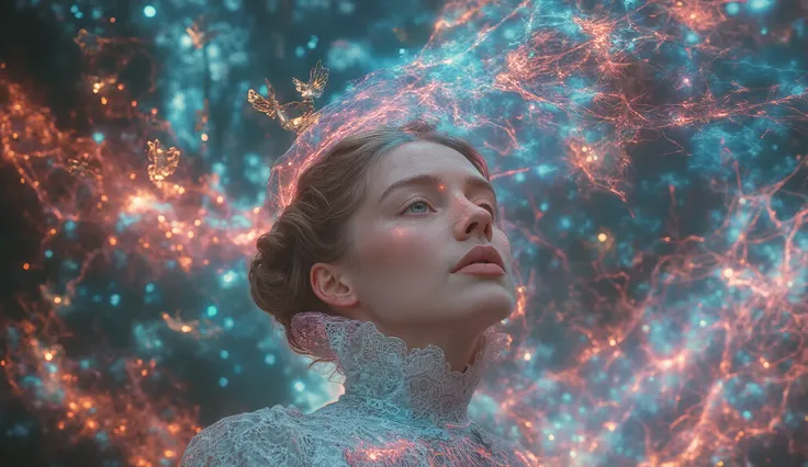 A close-up of a stunning Victorian woman, her face illuminated by the pulsing neon glow of a holographic bird flying overhead. Her eyes are wide open, reflecting the swirling neon lights in the air, as her lips part in pure bliss, entranced by the rhythm o...