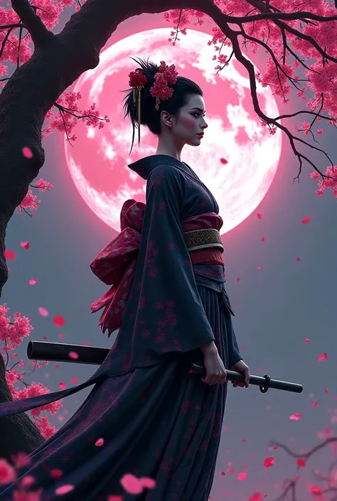 A sexy, shimada-haired geisha demon wielding an iron fist under a cherry tree in the full moon is a fantasy novel cover photo of the cherry tree of death.