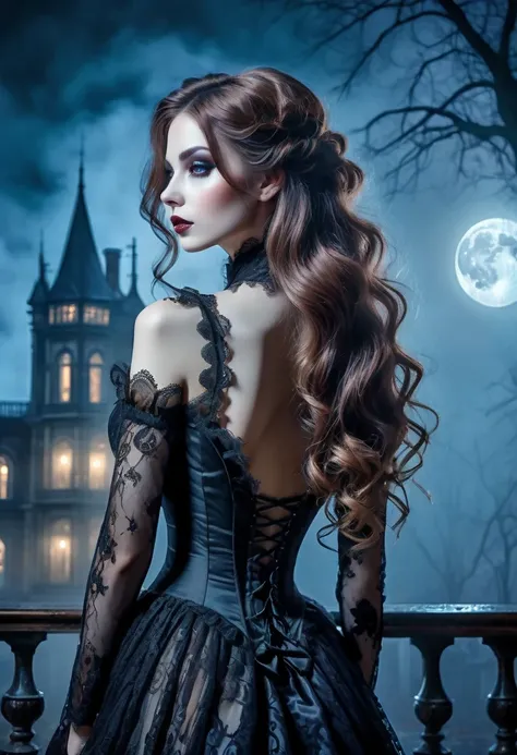 A mysterious woman with long wavy chestnut hair that stands under a bright full moon. She is dressed in Gothic style. She wears a lace dress thinly opens her back. Against the background, there is an old Victorian mansion with illuminated windows, a foggy ...