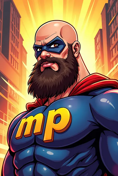 Un dessin style cartoon,  a bald superhero with a mask. Son emblème sur son torse sont les deux lettres MP.  He has a beard and he is bald . He wears a mask over his eyes  