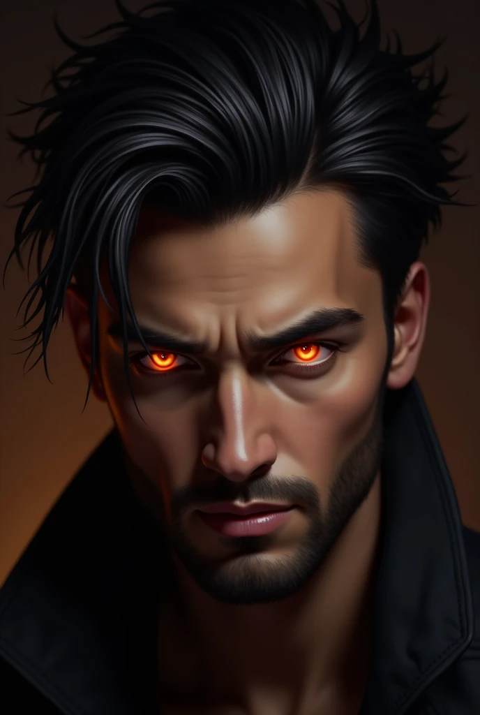 His eyes were orange like the fire. His hair was black, layered and combed away from his dark brown face