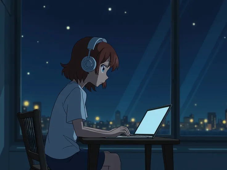  Anime sitting at a table with a laptop and headphones at night,  praise, praise artstyle, Arte Lofi, Aesthetics of Lofi , lofi feeling, Satoshi could artstyle, cores praise, chihiro! fujisaki , Studio Ghibli anime screenshot, Ghibli anime style, praise, N...