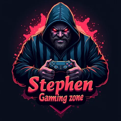 Create a visually logo for a gamer ")"Stephen Gaming zone"   .  The logo should present a modern  ( gamee style)  and extravagant design with a mix of themes of mystery ,  courage and destiny .  Use a varied color palette . The central image must include A...