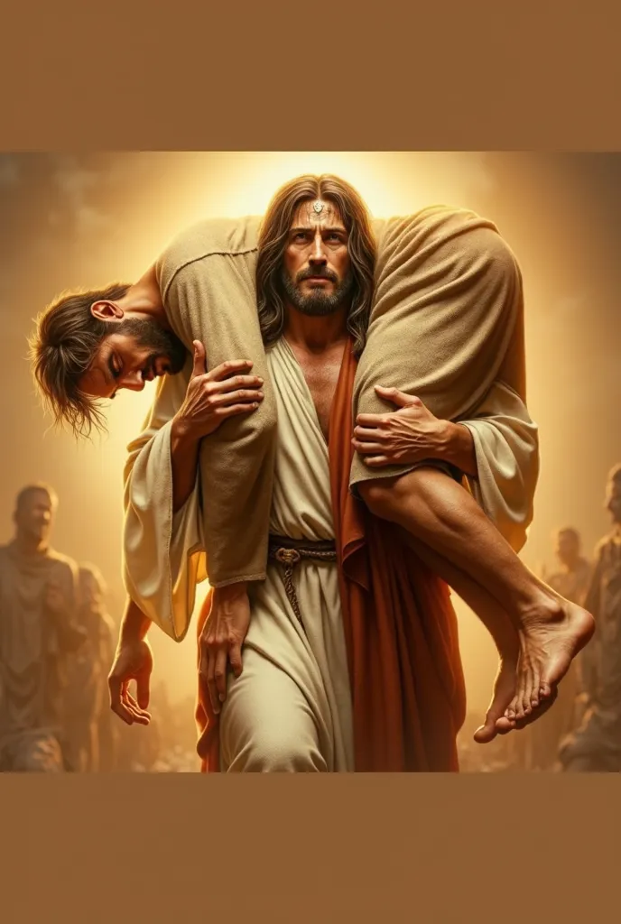 A dramatic and ultra-realistic depiction of Jesus Christ carrying a wounded and exhausted man on his shoulders.