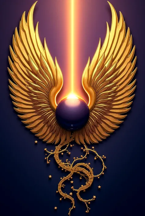 Profile logo type frame , snish with large golden shiny wings  , in the middle a small dark circle  , with vines around the circle , with gold, black and gold colors , Let a bright golden light come out above and illuminate the circle , the background of e...