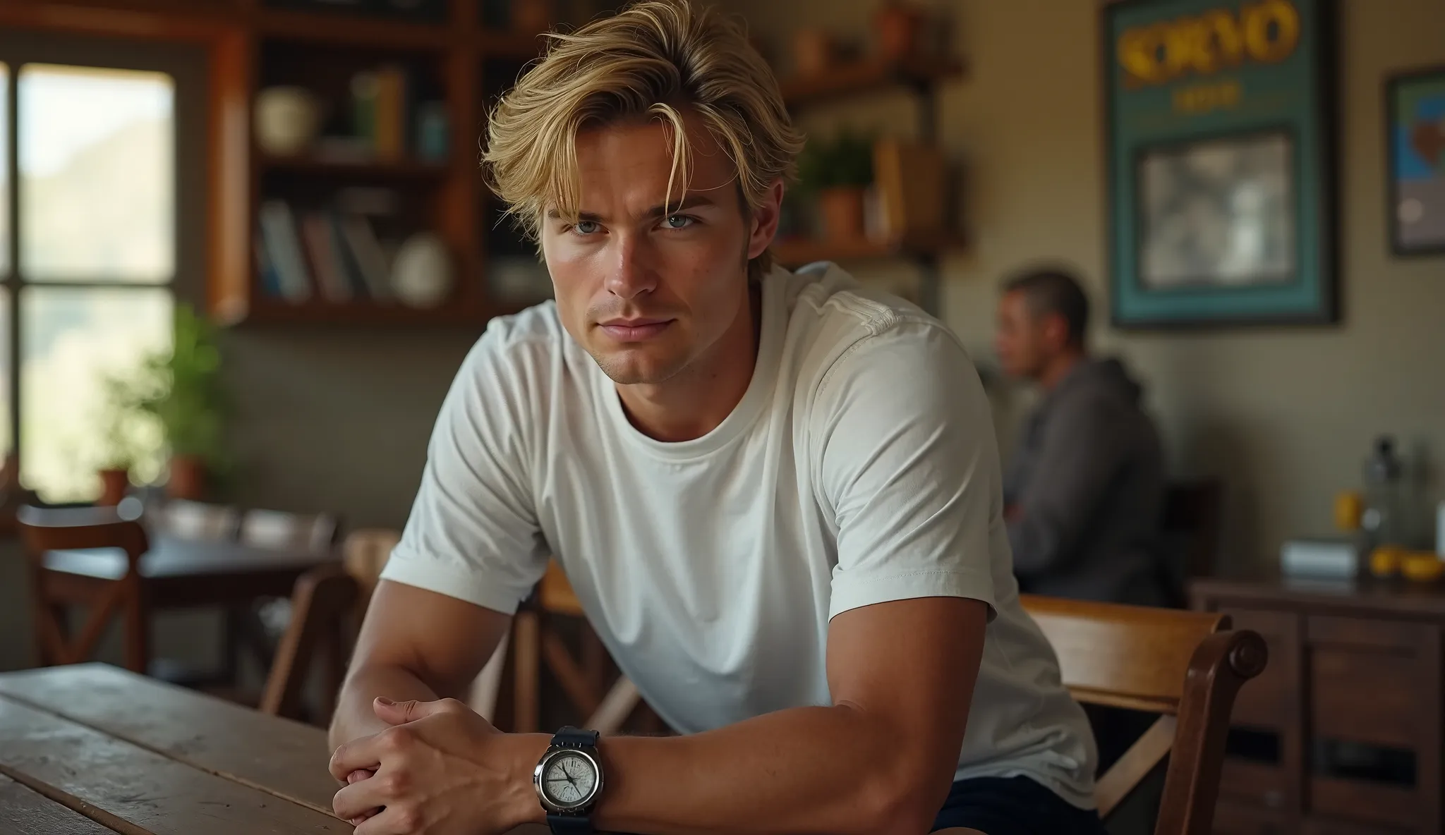 Leonardo (a young, tall, strong man with a body like someone who goes to the gym. Strong blue eyes, well-combed, silky straight hair of medium length and blond color. He has European male features. He wears a simple white shirt and black sweat shorts. Real...