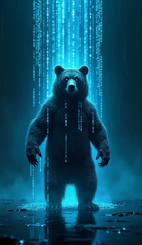 A stylized bear formed by cascading Matrix-style digital rain. The scene features glowing blue code symbols falling in vertical streams against a dark background, with the characters aligning to create the shape of a fierce and futuristic bear. The edges o...