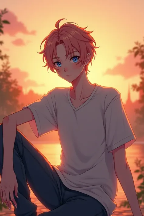  Draw an anime 18 year old slim guy with peach hair,  with blue eyes .  Casual clothing style . He sits like a model . background in the evening, Sunset 