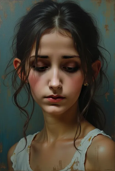  Create an evocative oil painting inspired by Malcolm Liepke,  based on the provided image . Capture the intense ,  introspective expression of the young subject using thick ,  Incorporate earthy tones  ,  Deep blue ,  and warm browns to create a harmoniou...