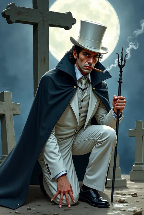  Realistic watercolor style image of a male spiritual entity , What a mature Spanish man looks like, Endomorph body a white top hat short black curly hair wearing an ancient Dracula cape big black all-white, Long crawling on the floor and gold and wearing ...